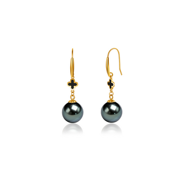 18K Gold Tahitian Black Clover Natural Seawater Pearl Earrings