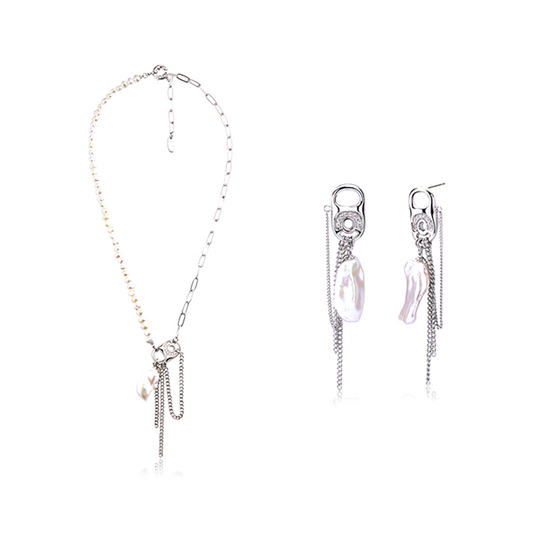 Half Pearl Half Chain Baroque Pearl Necklace Earrings Set