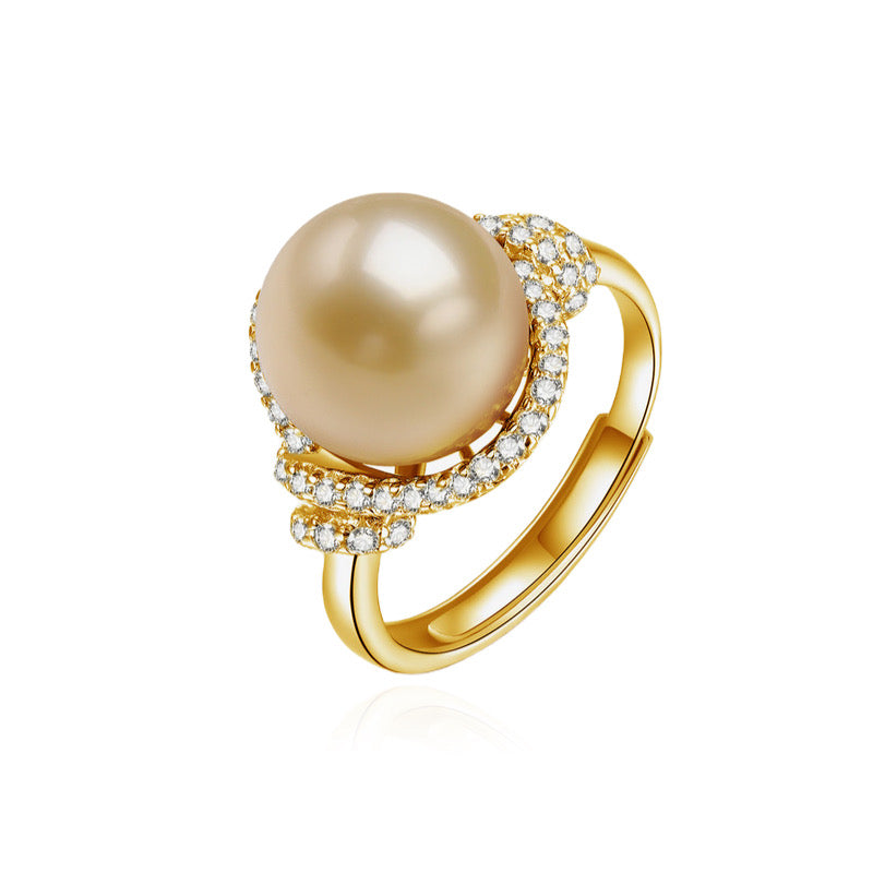 10.0-11.0mm Zircon Gold South Sea Pearl Ring